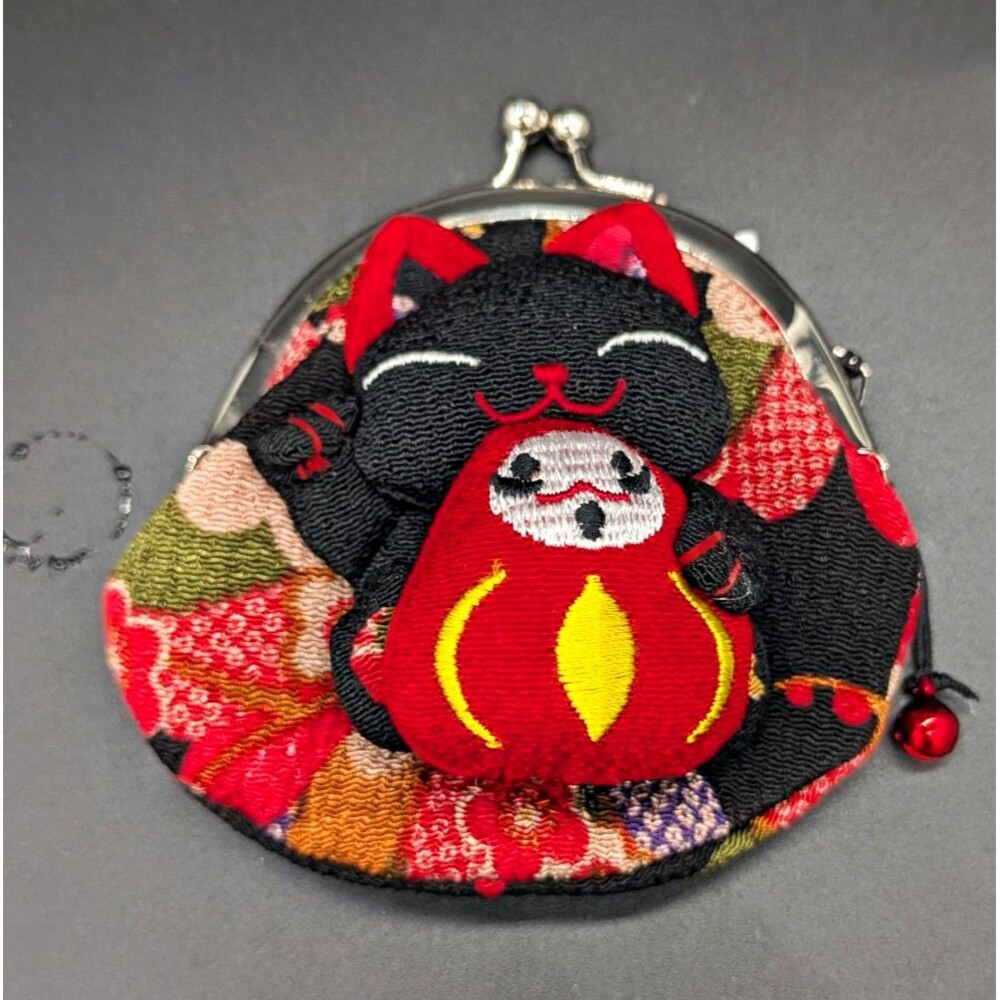 Maneki Neko Cat Floral Kiss-Lock Coin Wallet Purse Credit Card Black Red